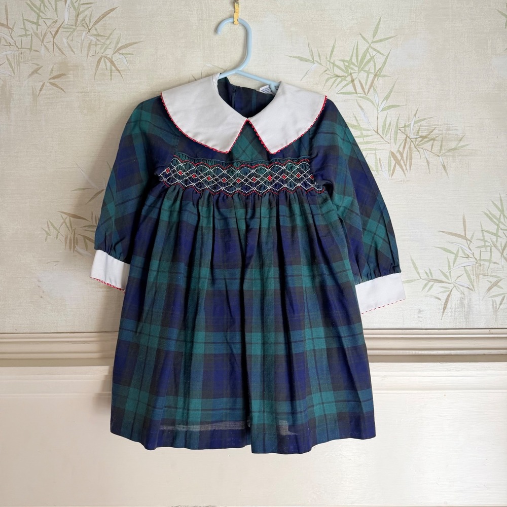 Vintage Polly Flinders Dress Green Blue Plaid Hand Smocked Tartan 70s Holiday 2T